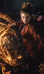 a woman standing near a burning skull