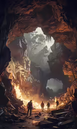 the scene inside a cave with some men walking toward it