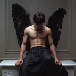a male shirtless figure sitting on top of a bench