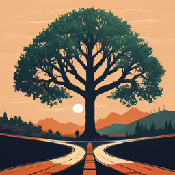 a poster of a person standing in front of a large tree on a road,the silhouette of a tree with a long road to the bottom