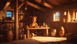 the bear is wearing a hood sitting at a table,a small toy sitting at a wooden table in a room