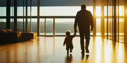 an adult and a child walking through an empty room