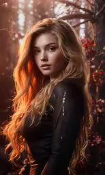 a woman with long blonde hair wearing a black dress