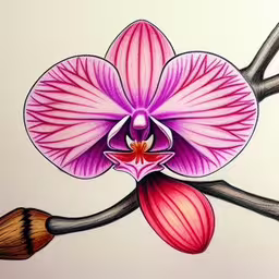 a purple orchid with red tipped tips and buds,a drawing of a flower with leaves on it