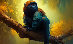 a man in black outfit sitting on top of a tree