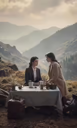 two women sitting at a table with a coffee cup on it