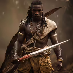 a black man with dreadlocks and jewelry holding a sword