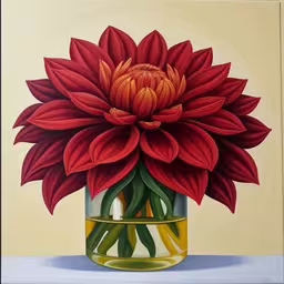 a painting of a flower in a vase,the large painting depicts red dahlia in a clear glass vase,a painting of a bright flower is in a glass vase,the painting has red flowers in a glass vase,this is an oil painting of a red flower