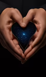 person in a black suit holding a heart with stars