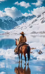 a man riding on the back of a brown horse next to a mountain