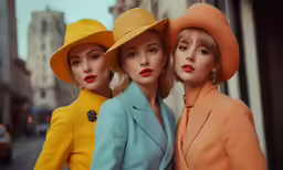 three models with long blonde hair and colorful hats