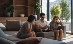 a man and two women are seated on a couch