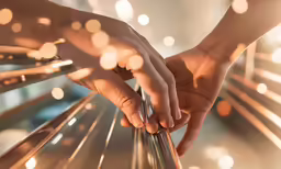 hands pulling on rail with blurry lights around them