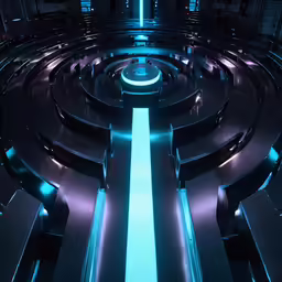 circular space interior structure with lit colors on a dark surface