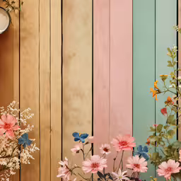 multi colored flowers and butterflies in vases,pink, blue and yellow flowers and white vases on a shelf
