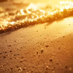 a close up view of a beach with the sun going down