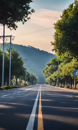 an empty street with trees lining it