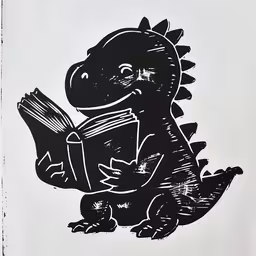 drawing of a dinosaur holding a book,a drawing of a dinosaur reading a book