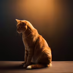 an orange and white cat looking away while sitting down