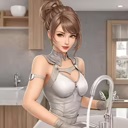 a woman wearing gray is standing next to a sink