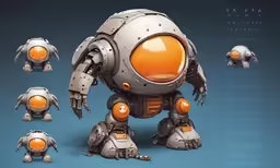 some robot like items, including large, orange heads