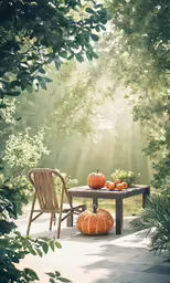 a table with two pumpkins and some leaves