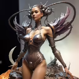 the woman has an elaborate costume and wings on her head