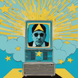 a man wearing sunglasses is on a computer screen,a graphic depicting a man with glasses on a tv