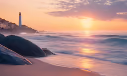 a beach scene with the sun going down