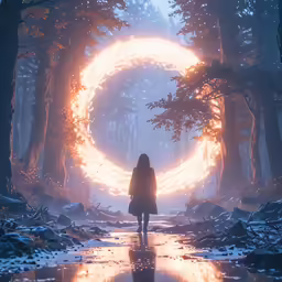a woman is standing in front of an arc of light