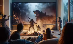 some people in a room near fire with a large screen