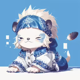 a white cat wearing a blue and white outfit