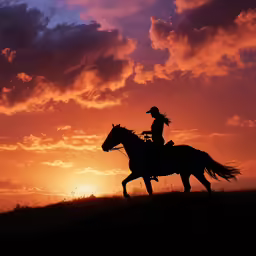 the person is riding his horse in the field at sunset