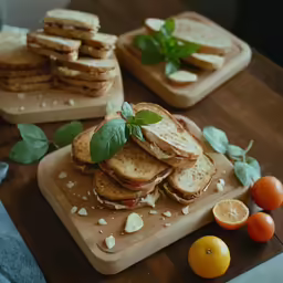 a sandwich sitting on top of a cutting board next to a bunch of oranges and sliced bread