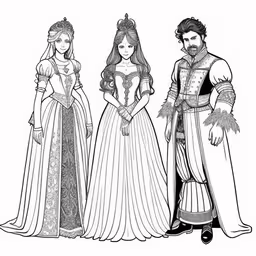 this is an image of the original princess and her groom,four people in dresses standing next to each other