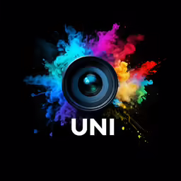 an uni logo, featuring a camera lens surrounded by colored smoke