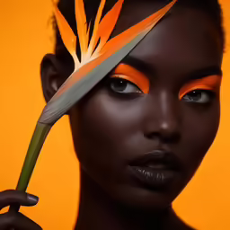 the woman is wearing makeup and has orange feathers on her head