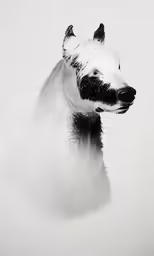 black and white photo of a polar bear in a foggy environment