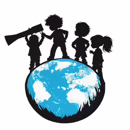four silhouettes are standing on top of a small globe