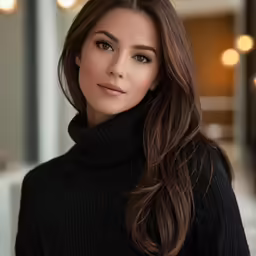 an attractive woman with long hair and black turtle neck sweater