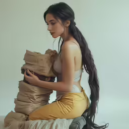 a woman is kneeling on a bed and holding bags