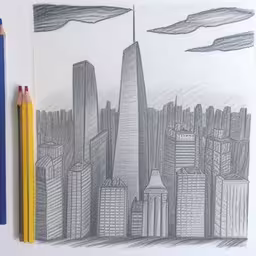 a pencil drawing of a cityscape with skyscrapers and clouds,drawing with pencils next to it that is on a table