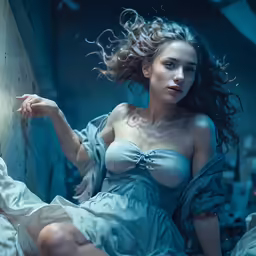 woman with long hair sitting down in an oceany fashion