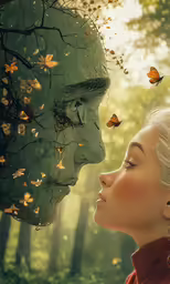 a woman in a red dress standing next to a man with butterflies coming out of his head
