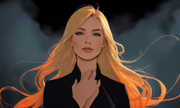 blonde woman with blond hair and dress coat looking at camera