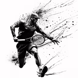 a black and white image of a person playing tennis