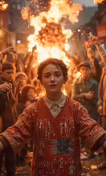 a woman dressed in a red shirt and a crowd of people around her is exploding firecrackers