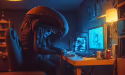 a man in black sitting in front of a computer desk
