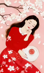 a painting of a girl sitting on a pink surface drinking coffee