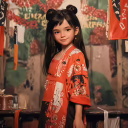 there is a little girl standing next to a wall